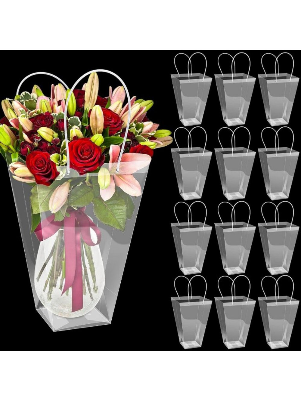 12 Pcs Clear Floral Bouquet Bags with Handle - Transparent Flower Gift Wrap